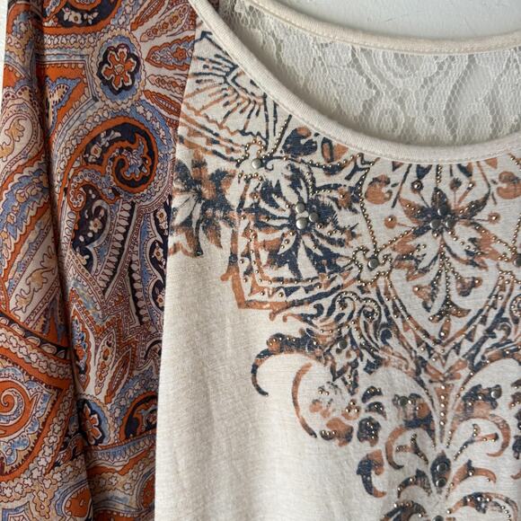 Boho‎ Peasant Top Womens Large Cream Paisley Print Lace Detail Flowy Blouse - Picture 4 of 9